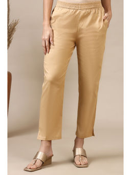 Aurelia - Women Beige Solid Cotton Lycra Trousers