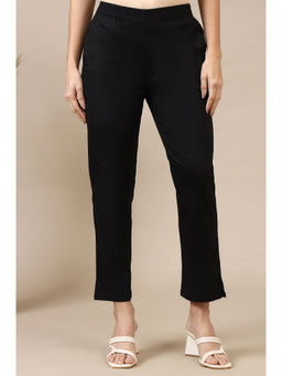 Aurelia - Women Black Solid Cotton Lycra Trousers
