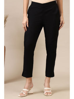 Aurelia - Women Black Solid Cotton Flax Everyday Trousers
