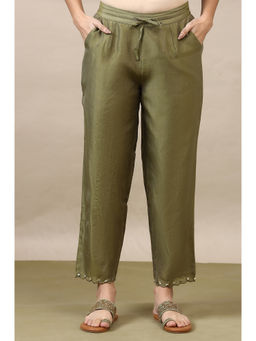 Folksong - Women Pistachio Green Straight Pants In Cotton Silk
