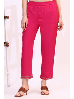 W - Fuchsia Pink Solid Straight Pants with Sequined Hemline