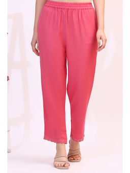 W - Pink Rayon Flax Staright Pants Schiffli Lace Detail