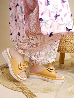 Shoetopia - Bow Detailed Yellow Comfortable Wedges