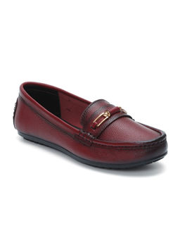 Zoom Shoes - Burgundy Genuine Leather Textured Pattern Slip On Casual Loafers