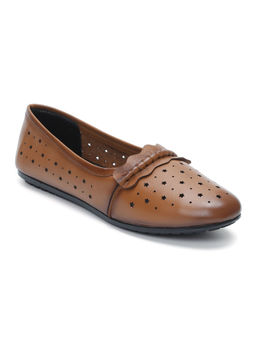 Zoom Shoes - Tan Genuine Leather Textured Pattern Slip On Casual Ballerina