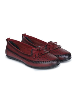 Zoom Shoes - Burgundy Genuine Leather Textured Pattern Slip On Casual Ballerina