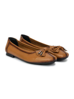 Zoom Shoes - Tan Genuine Leather Textured Pattern Slip On Casual Ballerina
