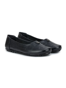 Zoom Shoes - Black Genuine Leather Textured Pattern Slip On Casual Ballerina