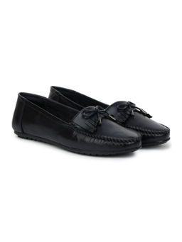 Zoom Shoes - Black Genuine Leather Textured Pattern Slip On Casual Ballerina