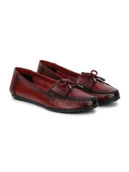 Zoom Shoes - Burgundy Genuine Leather Textured Pattern Slip On Casual Ballerina