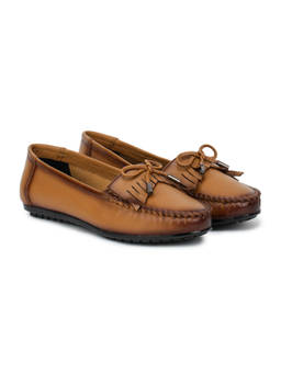 Zoom Shoes - Tan Genuine Leather Textured Pattern Slip On Casual Ballerina