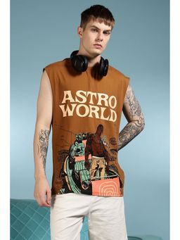 Eszett - Men Brown Cotton Graphic Astro World Oversized Tank