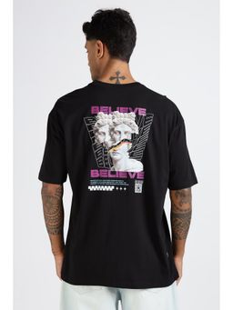 Eszett - Men Black Cotton Graphic Believe Oversized T-Shirt