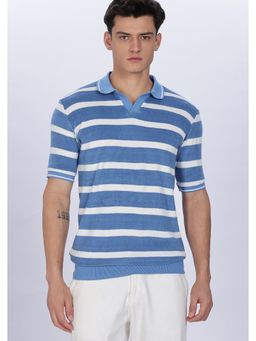 Eszett - Men Blue Cotton Stripes Classic Polo T-Shirt