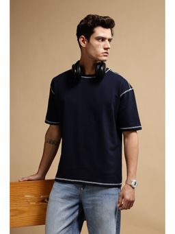 Eszett - Men Navy Blue Cotton Plain Contrast Stitch Oversized T-Shirt