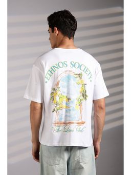 Eszett - Men White Cotton Graphic Ethnos Society Oversized T-Shirt