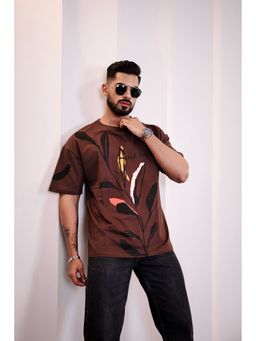 Eszett - Men Brown Cotton Graphic Foliate Oversized T-Shirt