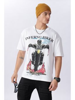 Eszett - Men White Cotton Graphic Inferno Biker Oversized T-Shirt