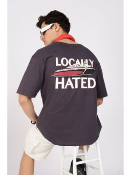 Eszett - Men Charcoal Cotton Typography Short Sleeve Oversized Fit T-Shirt