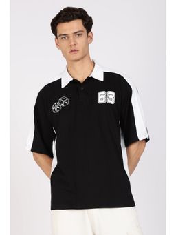 Eszett - Men Black Cotton Printed Oversized Fit Polo T-Shirt