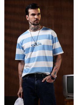 Eszett - Men Blue Cotton Stripes Oversized Fit T-Shirt