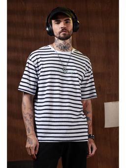 Eszett - Men's White Cotton Stripes Oversized Fit T-Shirt