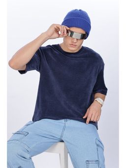 Eszett - Men Navy Blue Cotton Stripes Oversized Fit T-Shirt