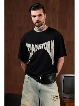 Eszett - Men's Black Cotton Typography Oversized Fit T-Shirt