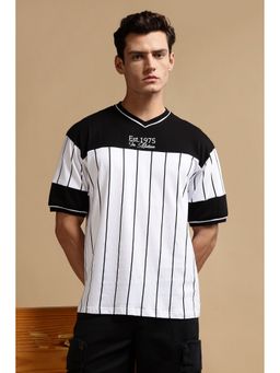 Eszett - Men's White Cotton Stripes Oversized Fit T-Shirt