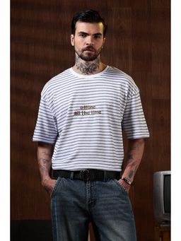 Eszett - Men White Cotton Stripes Oversized Fit T-Shirt