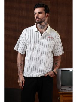 Eszett - Men White Cotton Stripes Oversized Fit Polo T-Shirt