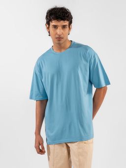 Eszett - Men Blue Cotton Plain Oversized Fit T-Shirt