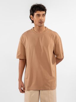 Eszett - Men Beige Cotton Plain Oversized Fit T-Shirt