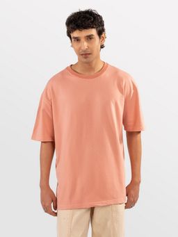 Eszett - Men Peach Cotton Plain Oversized Fit T-Shirt