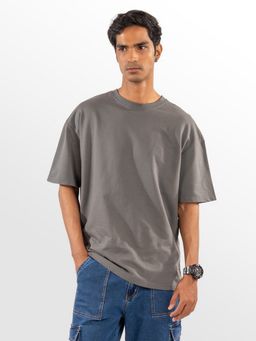 Eszett - Men's Grey Cotton Plain Oversized Fit T-Shirt