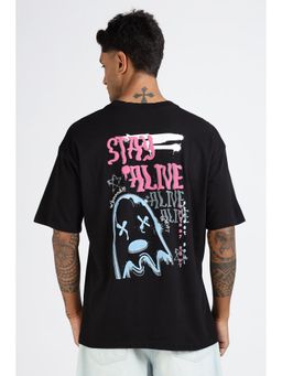 Eszett - Men's Black Cotton Typography Oversized Fit T-Shirt