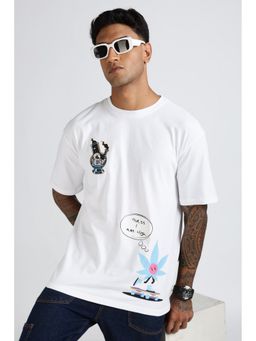 Eszett - Men's White Cotton Crew Neck Graphic Oversized Fit T-Shirt
