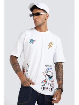 Eszett - Men's White Cotton Crew Neck Graphic Oversized Fit T-Shirt