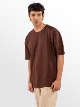 Eszett - Men Brown Cotton Plain Oversized Fit T-Shirt