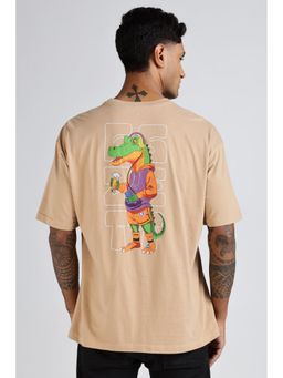 Eszett - Men Beige Cotton Graphic Crocodile Oversized T-Shirt