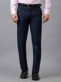 Cantabil - Men's Navy Blue Cotton Blend Plain Regular Fit Pant