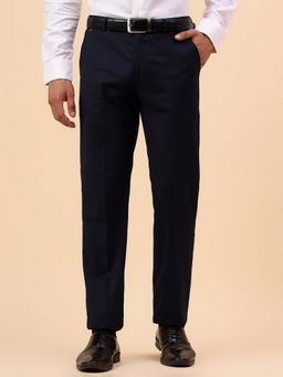 Cantabil - Men Navy Blue Cotton Blend Plain Regular Fit Pant
