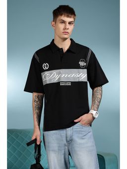 Eszett - Men Black Cotton Typography Dynasty Oversized Polo Shirt