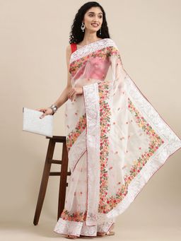 Vastranand - White & Pink Ethnic Motifs Organza Saree with Unstitched Blouse