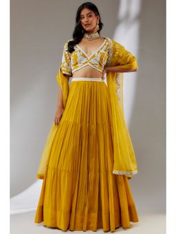 Neha Khullar - Chiffon Yellow Beads And Stones Embellished Lehenga (Set of 3)