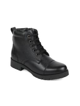 XHUGOY - Women Black Leather Casual Boots