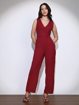 Globus - Womens Maroon Wrap Neck Tie-Up Back Wide Leg Jumpsuit