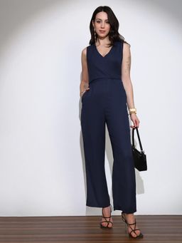 Globus - Womens Navy Blue Wrap Neck Tie-Up Wide Leg Jumpsuit