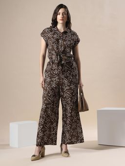 Globus - Womens Brown Floral Collar Neck Cut Out Details Flared Jumpsuit