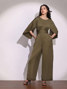 Globus - Womens Olive Boat Neck Criss Cross Waist Tie-Up Jumpsuit